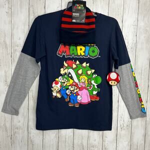 Nintendo Super Mario Long Sleeve Beenie Hat 2pc Combo Video Game Graphic Shirt